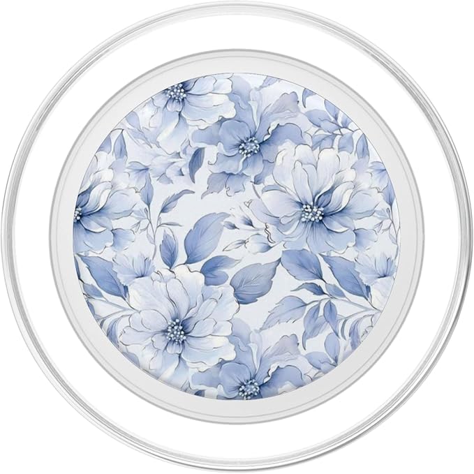 Blue White Floral Illustration Print PopSockets PopWallet for MagSafe