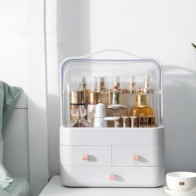 Makeup Organizer and Storage for Vanity with Lid and Drawers, Waterproof and Dustproof Portable Skincare Cosmetics Boxes, Makeup Caddy Holder for Vanity Countertop, Bathroom, Dresser, Bedroom