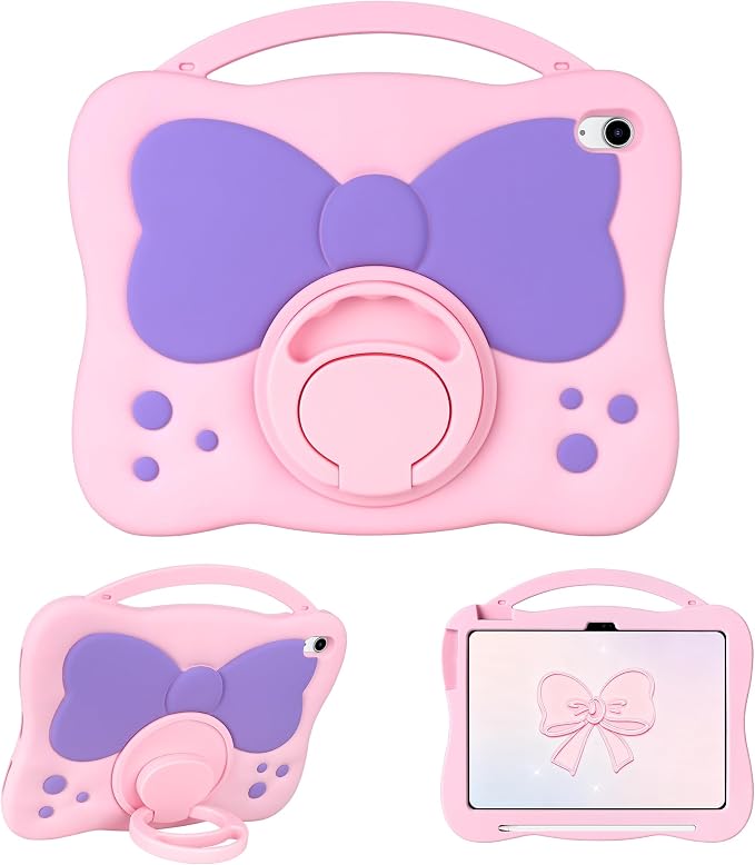 VOFUOE for iPad A16 Case Kids iPad 11th/10th Generation Case 11 Inch 2025 | Cute Bow Soft Silicone iPad 10th Cover 10.9 Inch 2022 for Girls Built-in Handle Rotatable Stand Pencil Holder-Pink Purple