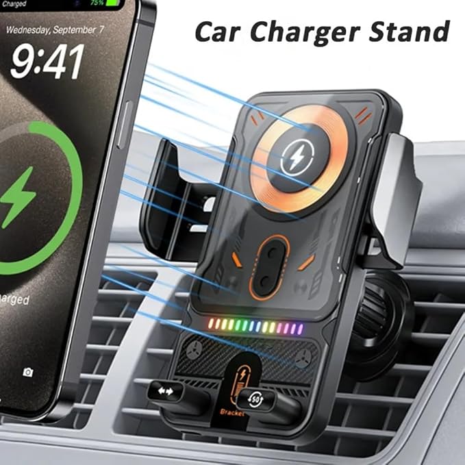 Auto-Clamping Car Wireless Charger RGB Light Phone Holder Stand Touching 360 Rotation Fast Charging Bracket for iPhone Samsung (Black)