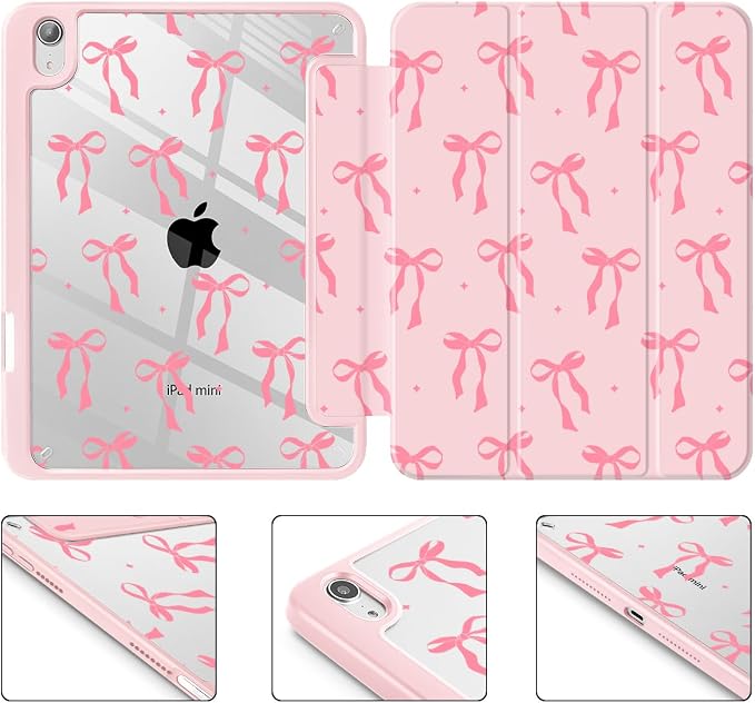 Case for iPad mini (A17 Pro 7th Generation) 2024/iPad Mini (6th Gen) 8.3 Inch with [Built-in Pencil Holder] Shockproof Cover with Clear Transparent Back Shell &amp Auto Wake/Sleep - Blue Bows