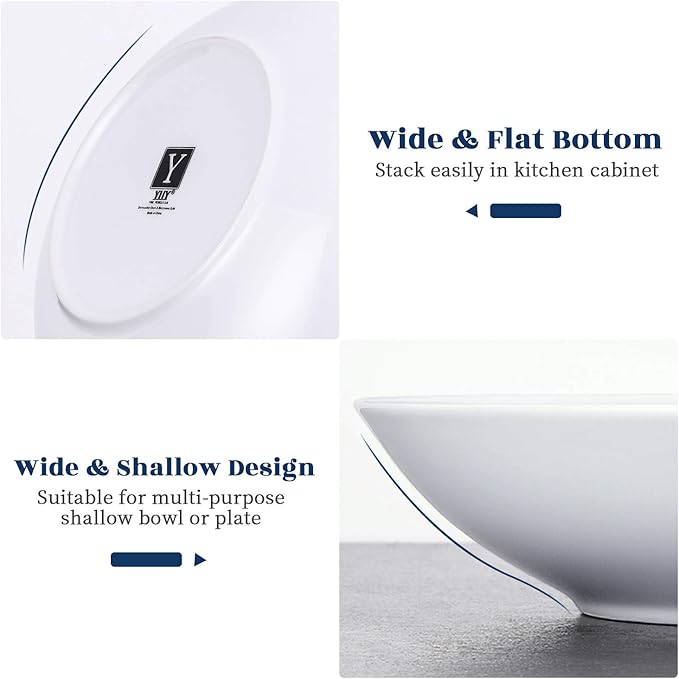 Y YHY 8" Pasta Bowls Set for 6, Porcelain 22oz Salad Bowls Set for Serving Soup, Pasta, Dinner, White Large Kitchen Bowl Plates, Microwave Dishwasher Safe