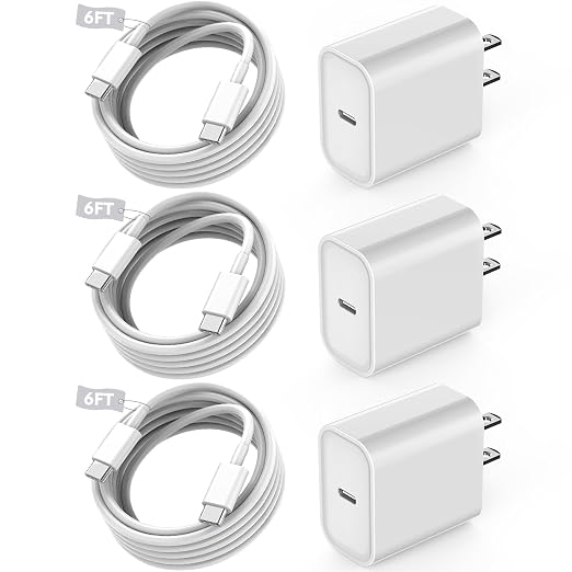 Fast USB C Charger Block3Pack Long 6FT USBC to USBC Cable iPad Cord 20W iPhone 17 Pro Max Charger Travel Plug Fast Charging for iPhone 17/17 Air/17 Pro/16/16e/16 Pro/16Plus/15/15Pro/Pro Max/PlusiPad