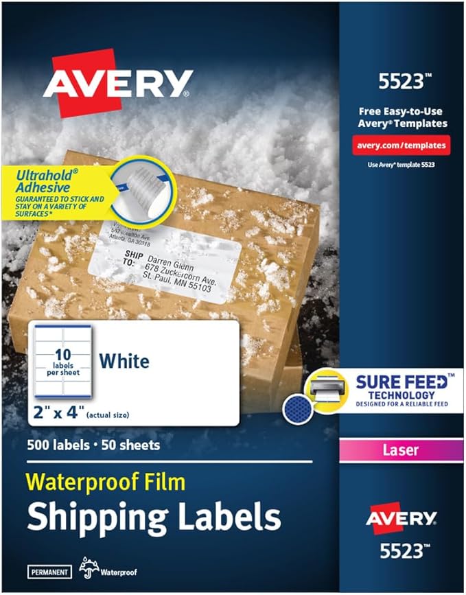 Avery Waterproof Labels with Ultrahold Permanent Adhesive, 2" x 4", Laser, 5-Pack, 2,500 Labels Total (05523)