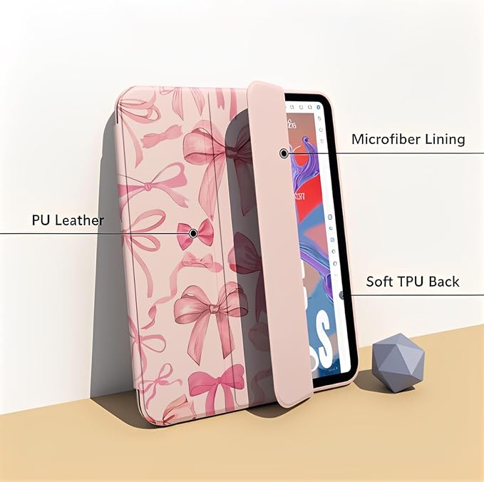 for iPad A16 11 Inch 2025 /for iPad 10th Generation 10.9 Inch 2022 Cute iPad Black Case with Pencil Holder-[Auto Wake/Sleep] Trifold Stand Soft TPU Protective Cover Pink Bows