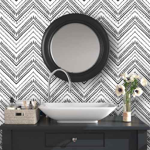 HAOKHOME Black and White Wallpaper Boho Geometric Self Adhesive Textured Wall Paper Modern for Bathroom Decor e 17.7in x 9.8ft