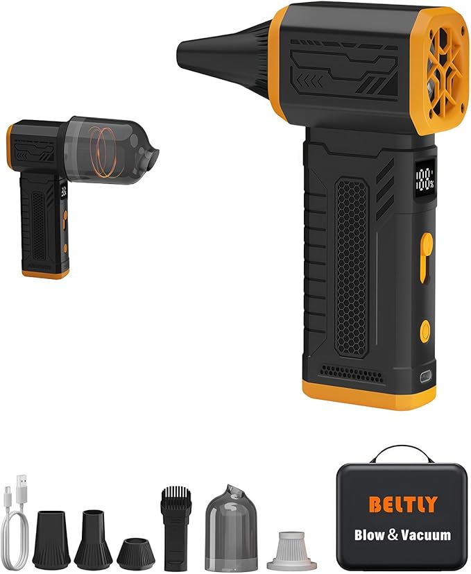 Compressed Air Duster, 130K RPM Powerful Cordless Mini Blower with Display, 10-Gear Adjustable Car Vacuum with Fast Charging, Rechargeable Handheld Vacuum for Home, Outdoor and Car (Black, 2-in-1)
