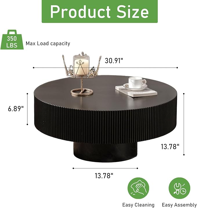 Round Coffee Table for Living Room, 30.91'' Modern Handcraft Drum Coffee Table Unique Fluted Coffee Tables Wood Center Table End Table for Small Space, Farmhouse Apartment Office (Black Thick)