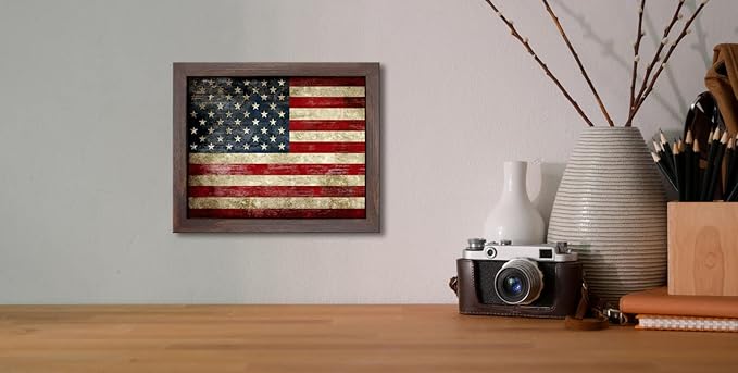 Wieco Art Old Vintage American Flag Wall Art Canvas Print Motivation Classroom Decor With Red Picture Frame and Real Glass Made to Display 5x7" with Mat or 8x10" Without Mat for Home Office Wall Decoration
