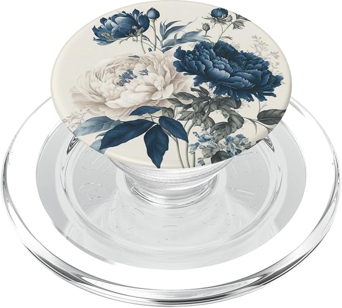 Navy Blue Peonies Blossom Leaves White Flowers Floral Girly PopSockets Adhesive PopGrip