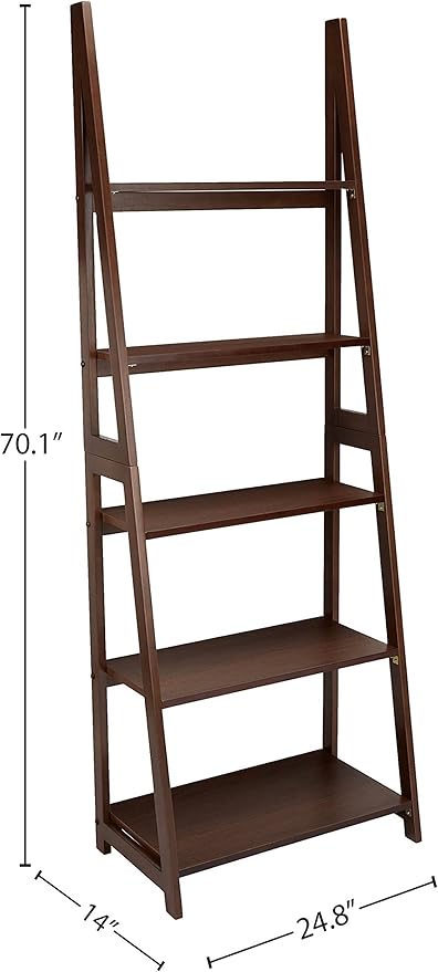 Amazon Basics Ladder Bookshelf Organizer, 5-Tier, Solid Rubberwood Frame, Walnut Finish, 14" D x 24.8" W x 70.1" H