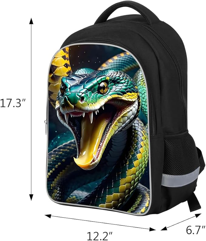Kids Backpack Lightweight Durable Medium Teens Kids Backpack for School Boys and Girls Bookbag with Adjustable Shoulder Straps & Padded Back 17 Inch School bags with 3D Snake Reflective Cartoon