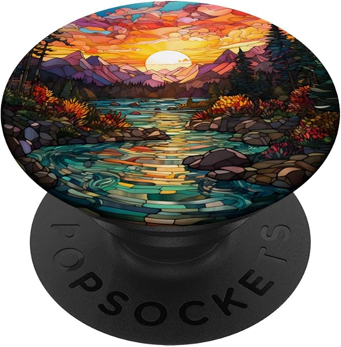 Sunset Stained Glass Mosaic Landscape Scene PopSockets Adhesive PopGrip