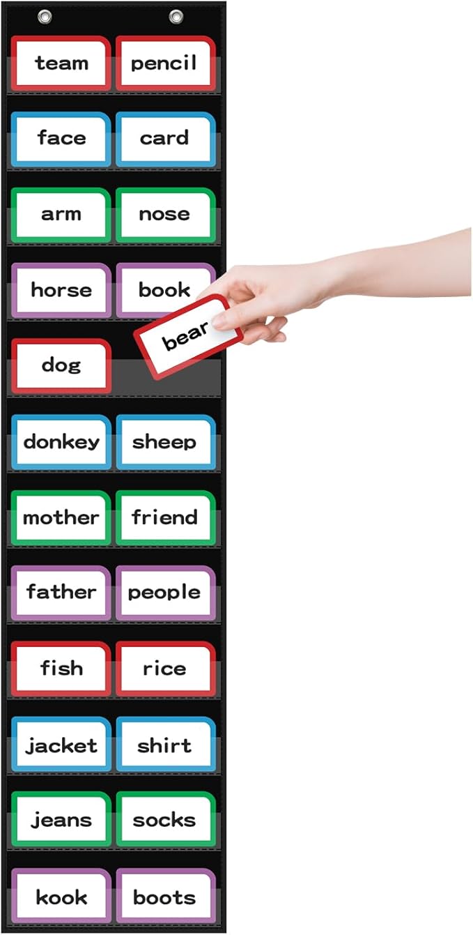 10”W x 48.25”H Classroom Words Pocket Chart with 12 Clear Pockets, Black Standard Pocket Chart for Classroom and Home for Sentence Strips, Reusable Words Hanging Pocket Chart (Black)