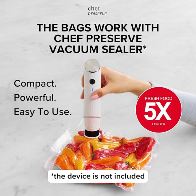 Chef Preserve Reusable Vacuum Sealer Bags for Food – 100 BPA-Free Food Storage Bags, Freezer, Microwave – Odor-Resistant, Leak-Proof – Compatible with Chef Preserve Vacuum Sealers