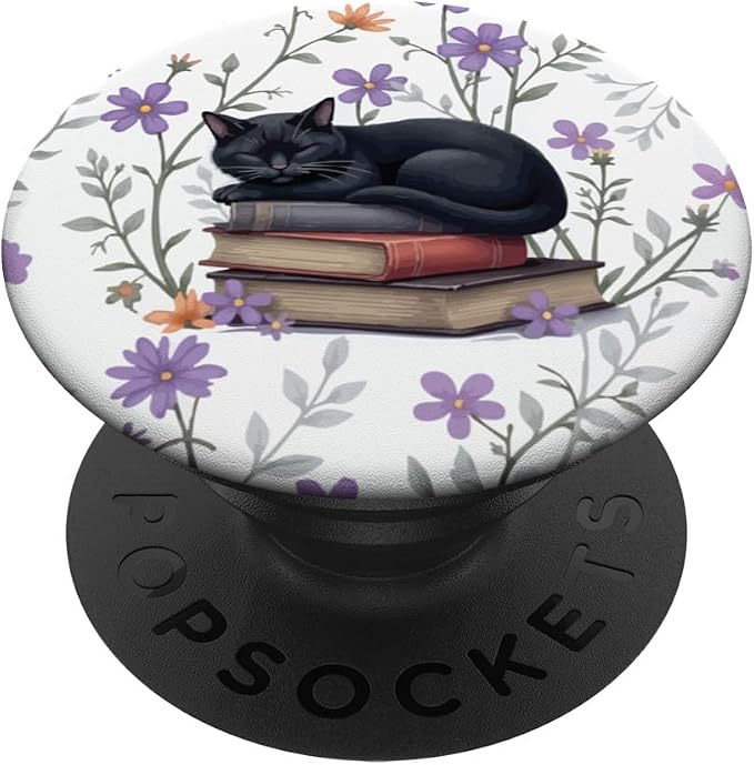 Reading Cat Purple Flower Floral Book Lover Librarian PopSockets PopGrip for MagSafe