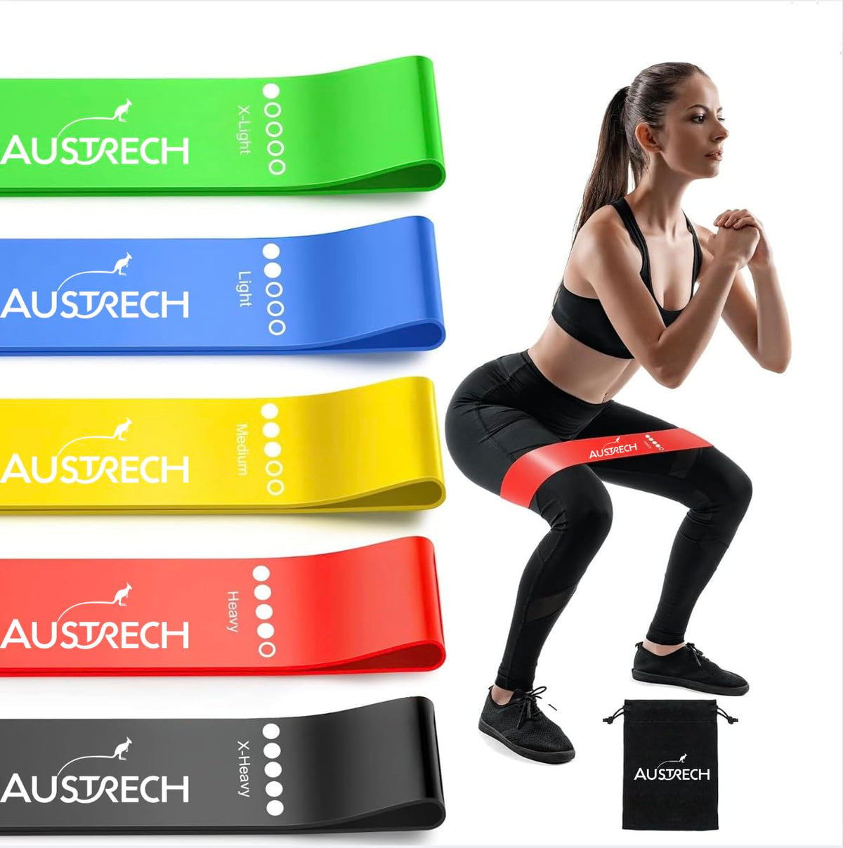 AUSTRECH Exercise Resistance Bands for Working Out Set of 5 for Women and Men, Stretch Bands for Exercise, Physical Therapy, Arms Legs Booty Workout, Stretching, Home Fitness