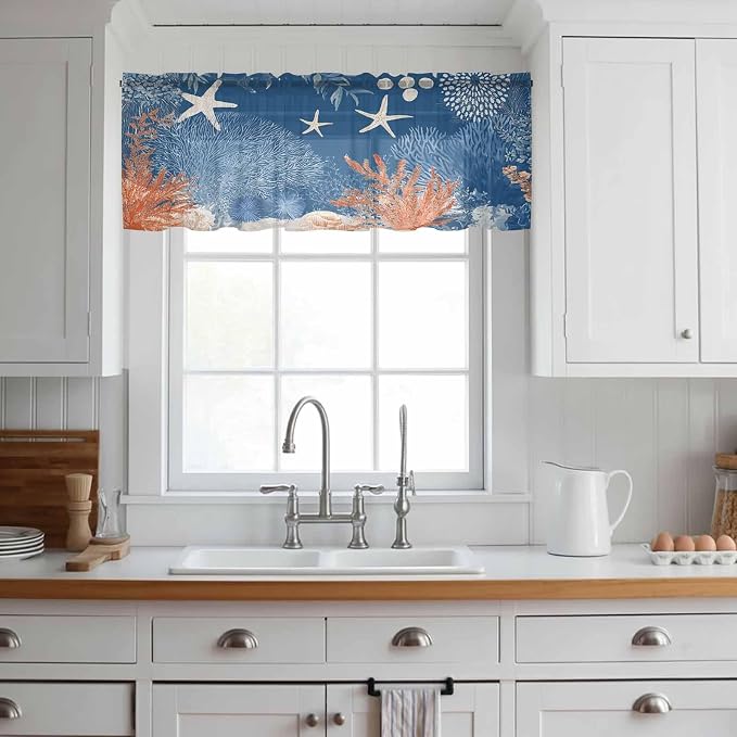Ocean Corals Sheer Valance Curtains, Summer Beach Coral Sea Stars Dark Blue