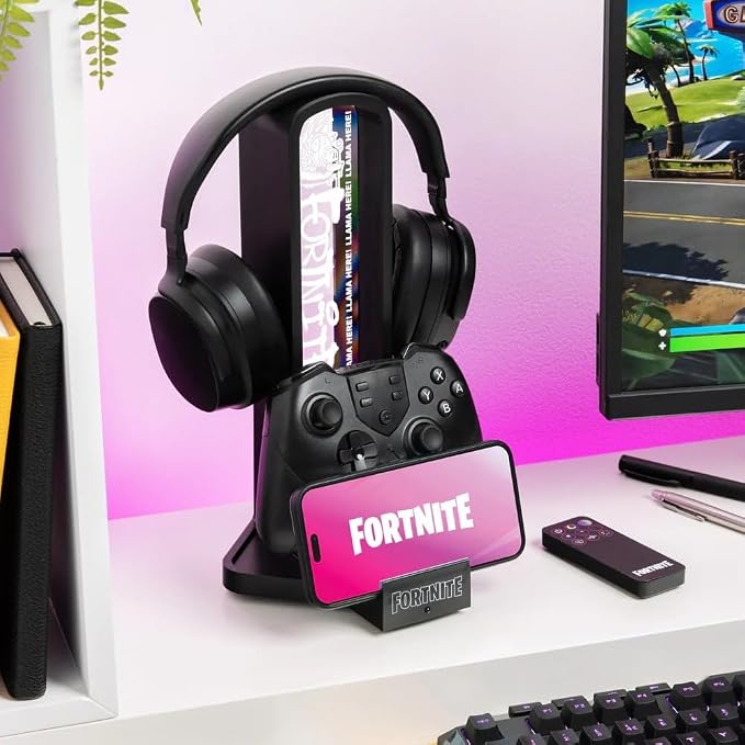 Paladone Fortnite 3-in-1 Headphone Stand and Tech Charging Station with Console Controller Cradle and 2 USB-C Ports RGB Colour Changing Light Panel Officially Licensed Gift for Gamers