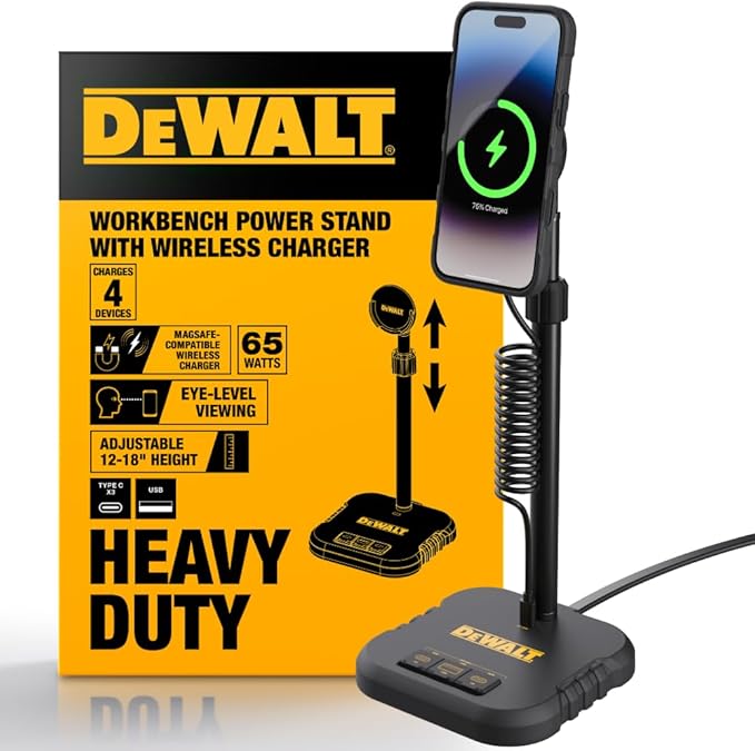 DEWALT Heavy Duty Magnetic Wireless Charging Stand w/USB Ports | MagSafe Charger Adjustable Workbench Stand w/Wireless Charger iPhone Compatible