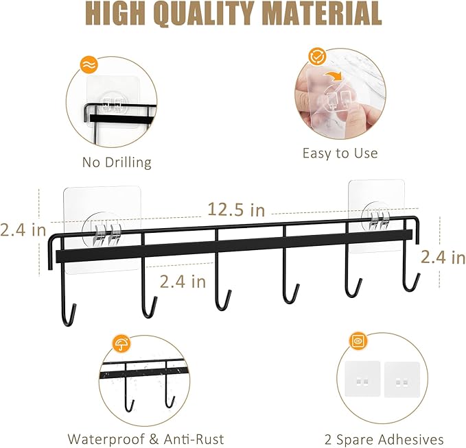 Kitchen Utensil Hanger, Adhesive Utensil Holder Wall Mount Kitchen Rack Rail with 12 Hooks, Space Saving and No Drilling, Black, 2 Pcs
