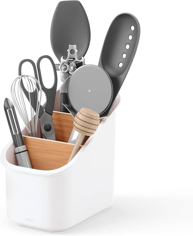 Umbra Bellwood Utensil Holder Kitchen Storage Organizer with Removeable Dividers, White/Natural