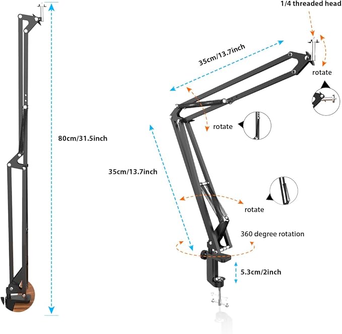 Overhead Tripod for DSLR Cameras, Heavy Duty Camera Desk Mount Stand with Flexible Articulating Boom Arm, Cam Holder Table Clamp for Canon Nikon Sony Fuji SLR Mirrorless Video Recording