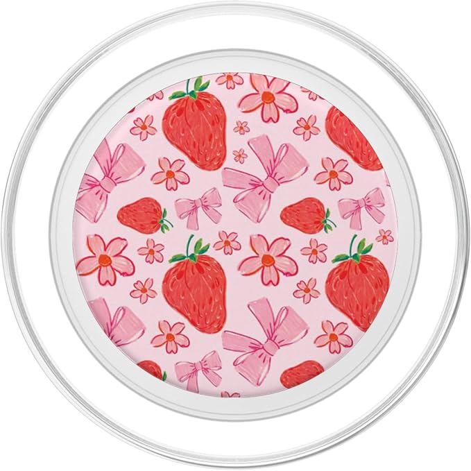 Cute Pink Strawberry Bow Pattern Girly Aesthetic Flower PopSockets Adhesive PopGrip