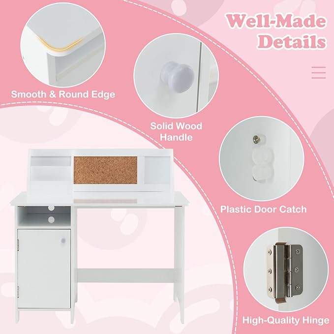 HONEY JOY Kids Desk and Chair Set, Wooden Children School Study Table and Chair w/Whiteboard, Hutch, Storage Shelves, Student Writing Desk Computer Workstation for Bedroom, 3+ Years Old (White)