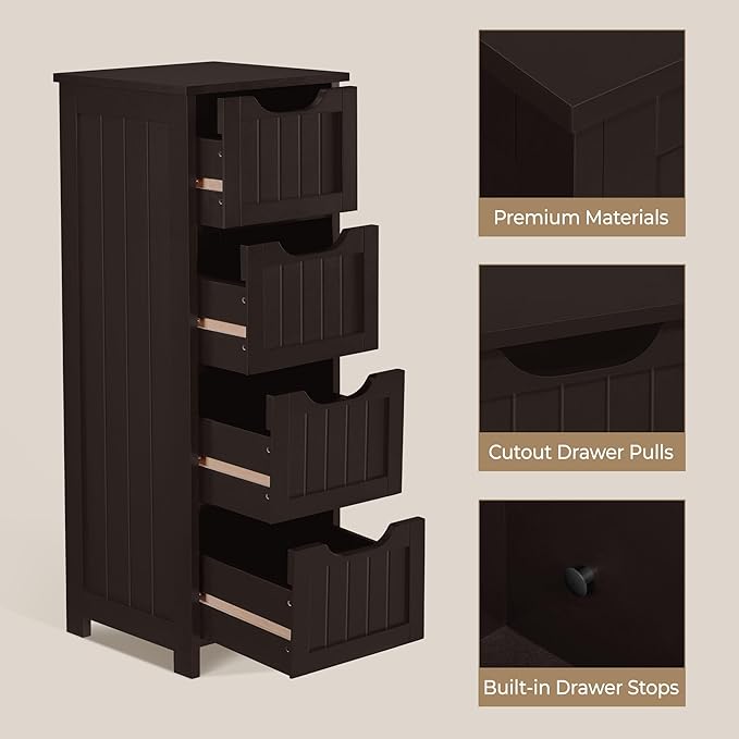 Yaheetech Bathroom Floor Cabinet, Wooden Side Storage Organizer, 4 Drawers Free-Standing Cabinet for Bathroom/Hallway/Living Room, Espresso