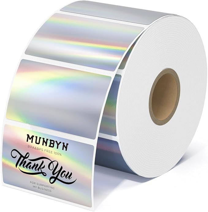 MUNBYN 2.25"x1.25" Holographic Thermal Sticker Labels Silver, Color Self-Adhesive Stickers Label, Glitter Thermal Printer Label for DIY Logo Design, QR Code, Name Tag,500 Sheets/1 Roll