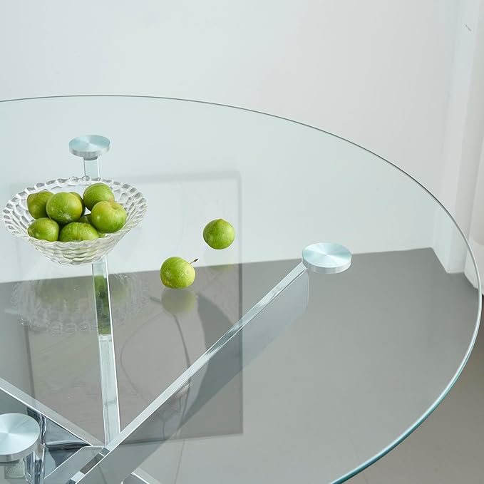 36" Round Glass Dining Table Modern Kitchen Glass Top Table for 4 with Silver Chrome Metal Legs, Clear Dining Table Kitchen Table for Home Office Dining Room