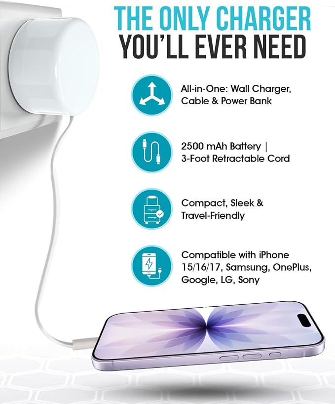 4-in-1 USB-C Retractable Cable Wall Charger &amp Power Bank Fast Charging for iPhone Air/17/17 Plus/17 Pro/17 Pro Max/16/16 Pro Max/15/15 Pro Max/iPad Pro Samsung OnePlus LG Google Sony