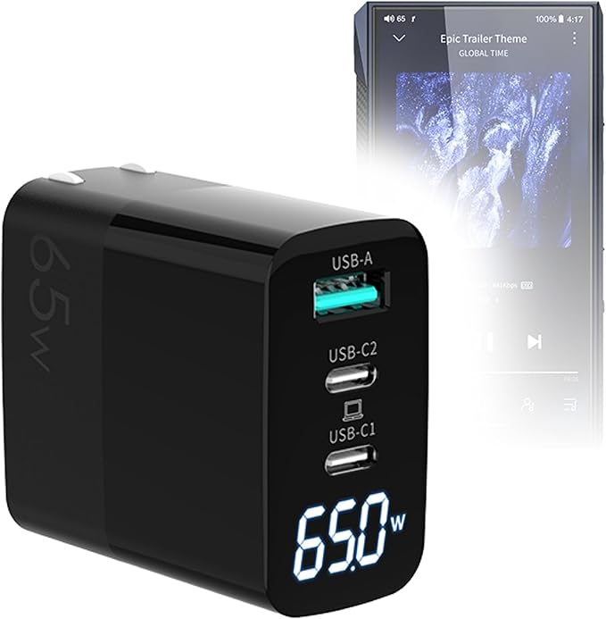 BoxWave Charger Compatible with FiiO M23 - PowerDisplay PD Wall Charger (65W) GaN 65W Powerful Folding Plug LCD Display - Jet Black