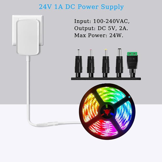 24V Power Supply Withe AC 100-240V to DC 24 Volt 1A 24W Adapter. | DC 24V Power Cord Class 2 with 5 Tips for LED Light Strip String Lights Soundbar Massage Gun and More.