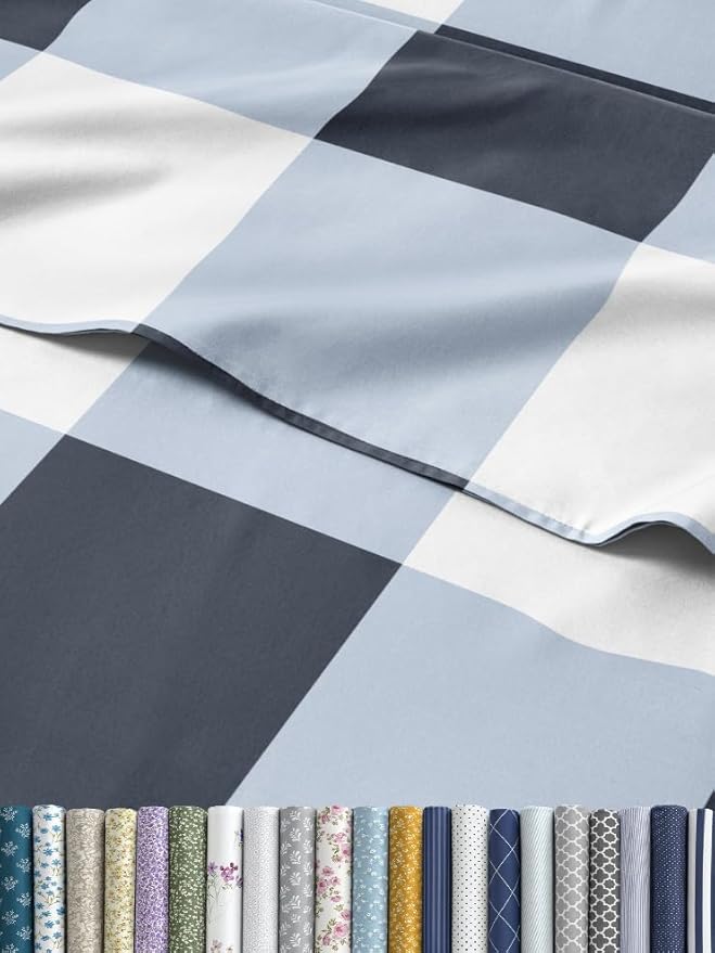 Blue Gingham Bed Sheet Set – 1 Flat & 1 Fitted Sheet & 1 Pillowcase w/ Deep Pockets – Grid, Plaid, Checkered Pattern Bedding - Wrinkle & Fade Resistant - Ultra-Soft, Breathable & Cooling - Twin Size