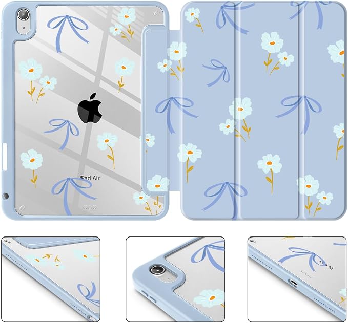 Mektron Case for 2026 iPad Air 11 inch M4 8th (M3 2025 7th /M2 2024 6th) Compatible with iPad Air 10.9 (2022 5th Gen /2020 4th Gen) Shockproof Clear Shell Blue Bows &amp Flowers
