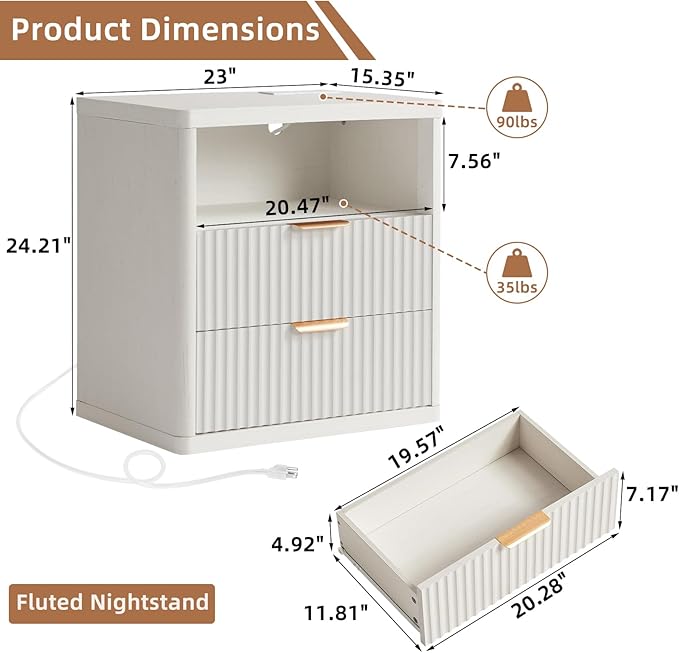 LEYAOYAO Fluted Farmhouse Nightstand Set of 2 with Charging Station, 23" Wide 2 Drawers End Table,White Dresser for Bedroom,Bed Side Table Chest of Drawers Cabinet,Wood Night Stand for Living Room
