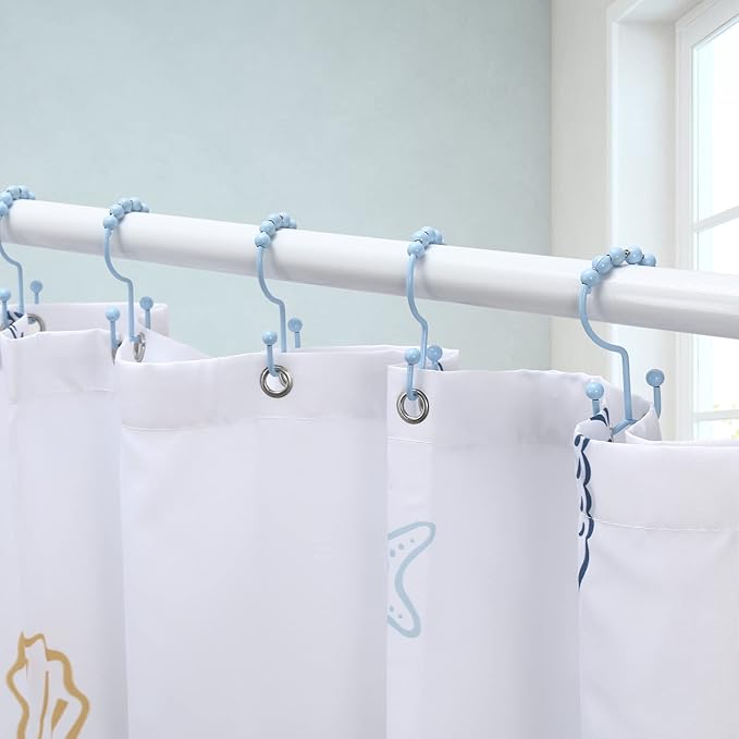 Shower Curtain Hooks, Goowin Shower Curtain Rings, Stainless Steel Shower Curtain Hooks Rust Proof Free Sliding Double Shower Hooks for Curtain, Shower Curtains & Liners (Blue)