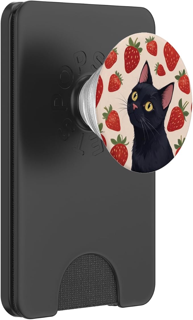 Beige Red Strawberry Black Cat Illustration Print PopSockets PopGrip for MagSafe