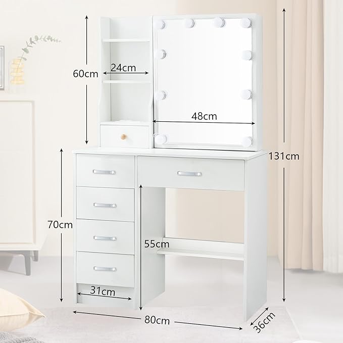 Makeup Vanity Desk with Mirror Lights, Vanity Table with 6 Drawers and Cabinet, Small Vanity Set with Chair Stool, 3 Modes Adjustable Sliding Mirror, White Vanity for Bedroom