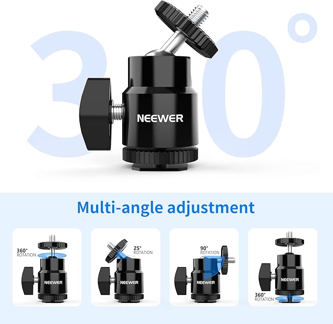 NEEWER Mini Ball Head with Cold Shoe & 1/4” Screw, 2 Pack, 360° Swivel 90° Tilt Ballhead Camera Mount Hot Shoe Adapter for Camera, Camcorder, Smartphone, LED Video Light, Microphone, Ring Light, ST17