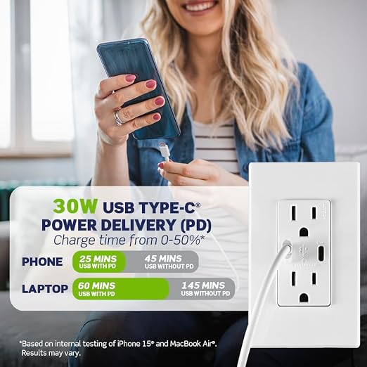 Leviton 30W (6A) USB Dual Type-C/C Power Delivery In-Wall Charger with 15A Tamper-Resistant Outlet USB Charger for Smartphones Tablets Laptops T5635-E Black