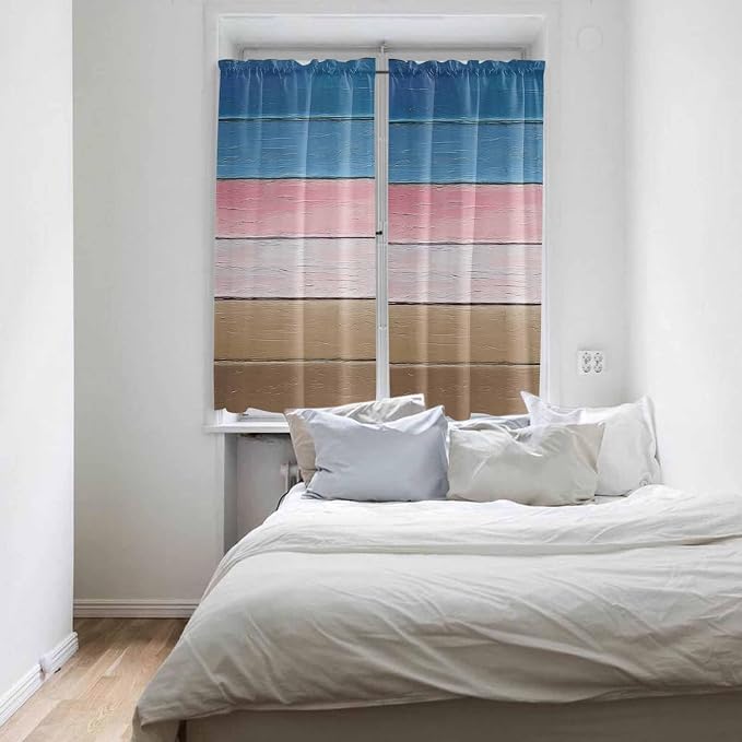 Blue Pink Brown Gradient Wood Grain Window Valance Curtains, Vintage Wood Board