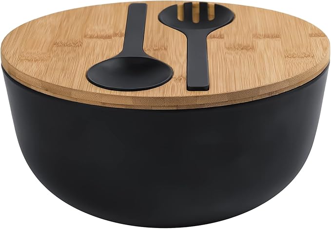 Bamboo Fiber Salad Bowl with Servers Set Large 9.8inches Nature Bamboo Mixing Bowl with Servers with Lid Spoon and Fork for Fruits,Salads and Vegetables