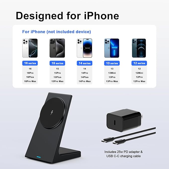 PUY for MagSafe Charger Stand,20W Fast Magnetic Wireless Charging Station with 25W PD Adapter，Stickable Desk Wireless Charger for iPhone 16/15/14/13/12 Pro/Pro Max Series