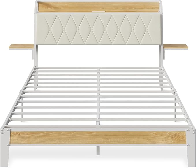 WLIVE Queen Size Upholstered Bed Frame with 2 Side Shelves, Linen Tufted Storage Headboard with Charging Ports and LED Light, Metal Solid and Stable, No Box Spring Needed, Easy Assembly, Beige