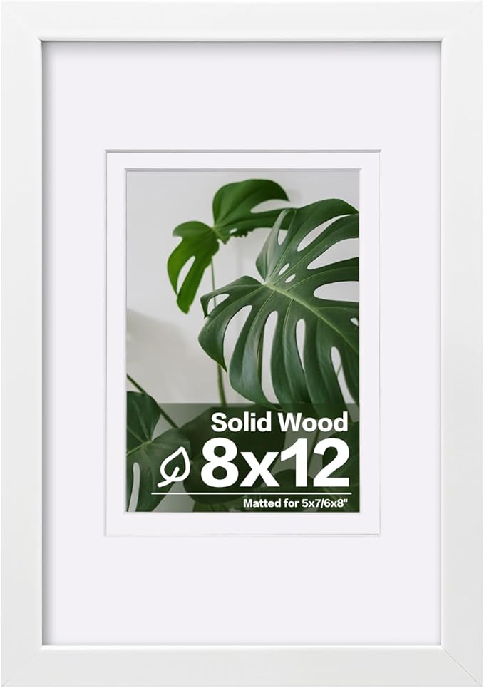 Egofine 8x12 Picture Frame White Covered by Plexiglass Made of Solid Wood, Display Pictures 5x7/6x8 with Mat or 8x12 Without Mat for Table Top and Wall Mounting