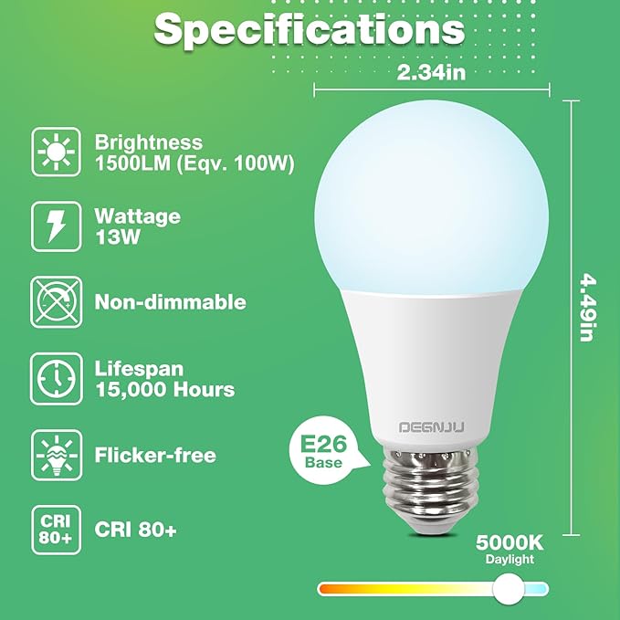 A19 LED Light Bulbs, 100 Watt Equivalent LED Bulbs, Daylight 5000K, 1500 Lumens, E26 Standard Base, Non-Dimmable, 13W Bright White LED Bulbs for Bedroom Living Room Home Office, 6 Pack