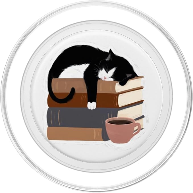 Black Cat Reading Coffee Illustration Print PopSockets Adhesive PopGrip